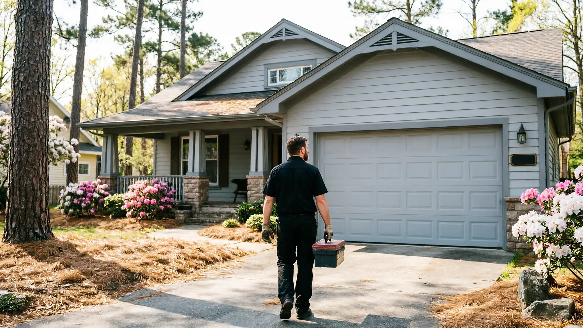 A technician walks toward a gray house with a gray garage door.