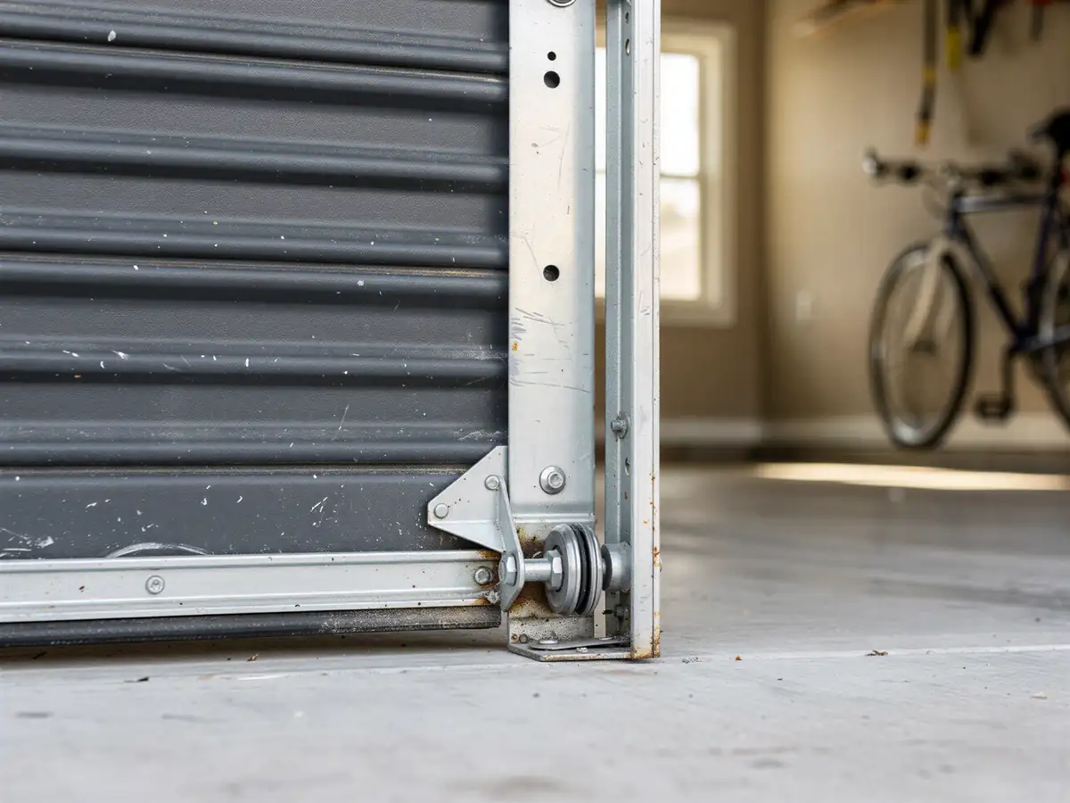 The bottom of a dark gray garage door is slightly open, showing a roller and track.